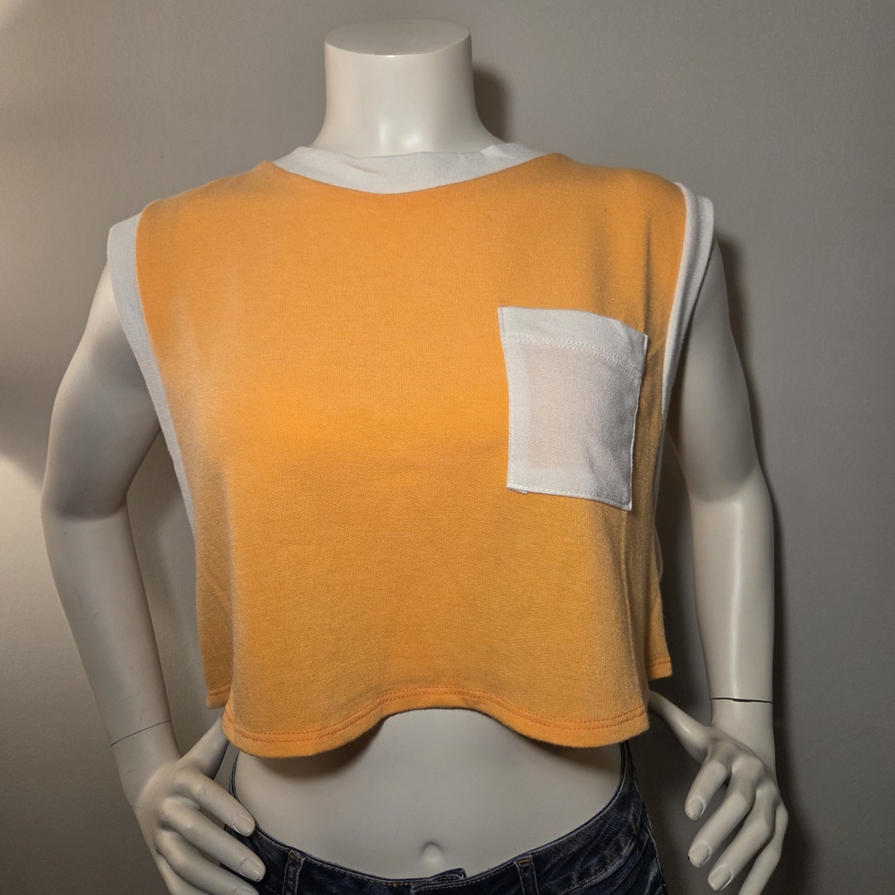 Orange Sleeveless Crop Top with White Trim And Pocket